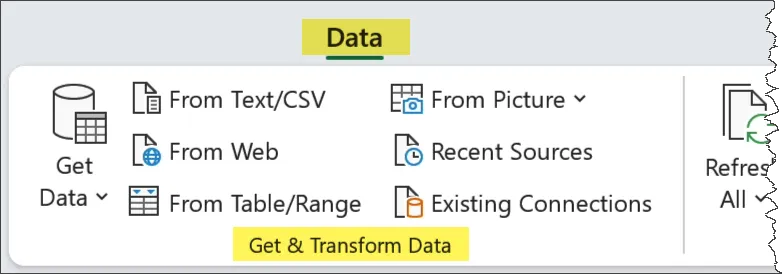 Excel - Power Query starter controls on Data ribbon