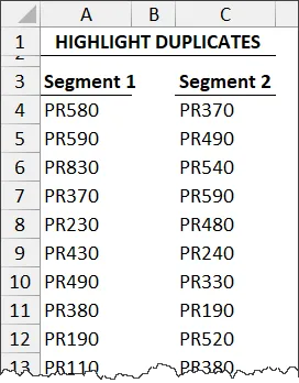 Fragment of Excel worksheet with header HIGHLIGHT DUPLICATES and data in 2 columns: Segment 1 in column A and Segment 2 in column C. Some values are appear in both columns.