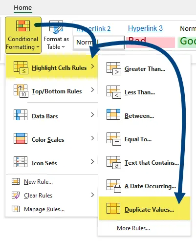 Fragment of the Excel ribbon with Home tab selected and Conditional Formatting button highlighted and expanded. In the expanded Conditional Formatting menu Highlight Cells Rules is highlighted and expanded, with an arrow pointing to highlighted Duplicate Values.