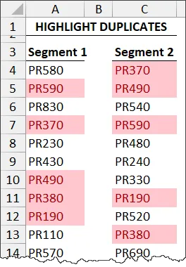 Fragment of Excel worksheet with header HIGHLIGHT DUPLICATES and data in 2 columns: Segment 1 in column A and Segment 2 in column C. Values that appear in both columns are highlighted with light red fill with dark red text.