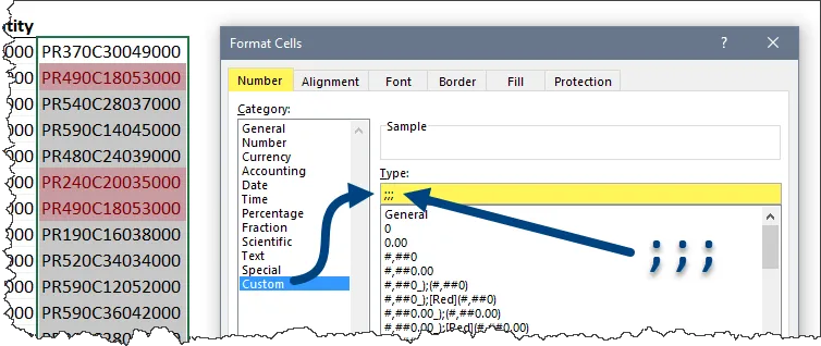 Fragment of the Format Cells dialog box with the Number tab selected and highlighted. Custom Number formatting defined as three semicolons.