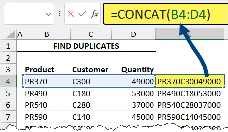 Fragment of an Excel worksheet with data from columns B to D is concatenated in column E using the CONCAT function visible in the formula bar.