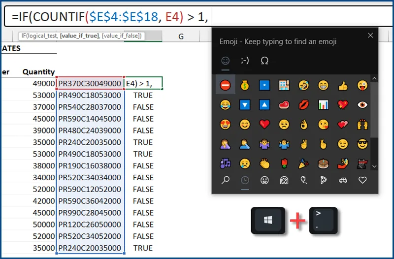 Fragment of an Excel worksheet with data from columns B to D concatenated in column E. In column F, a COUNTIF formula checking the values in column E against each other, returning TRUE if duplicates found, and FALSE if not, is being modified to return a "no entry" emoji if TRUE. Windows emoji keyboard and shortcut key combination: Windows key plus full stop key. 