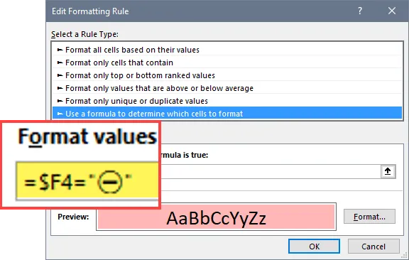 Edit Formatting Rule dialog box with Rule Type "Use a formula to determine which cells to format" selected. 