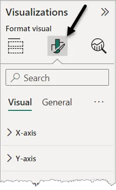 Arrow pointing to the "Format visual" icon on the Visualizations pane in Power BI Desktop.