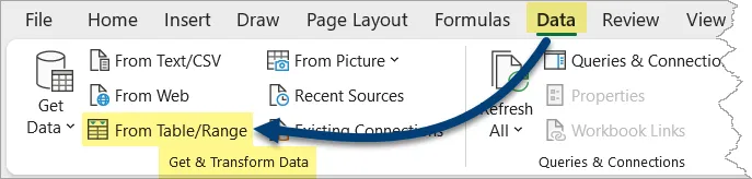 Fragment of the Excel ribbon showing the Get & Transform Data group, with From Table/Range button highlighted