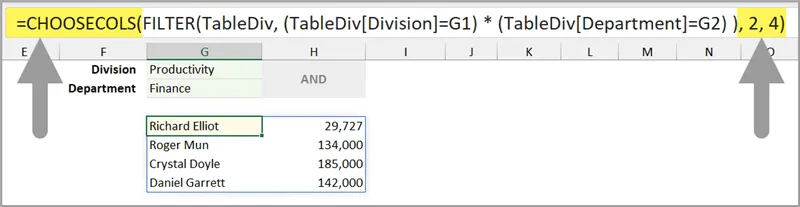 Fragment of an Excel worksheet with a data range filtered using the FILTER function based on criteria defined in cells above. Only 2 columns of the filtered range returned. 