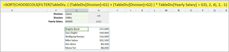 Fragment of an Excel worksheet with a sorted data range filtered using the FILTER function based on criteria defined in cells above. Only 2 columns of the filtered range returned. 