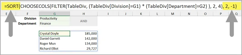 Fragment of an Excel worksheet with a sorted data range filtered using the FILTER function based on criteria defined in cells above. Only 2 columns of the filtered range returned. 