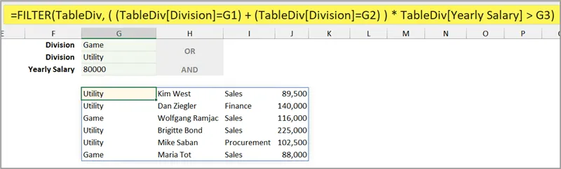 Fragment of an Excel worksheet with a data range filtered using the FILTER function based on criteria defined in cells above.