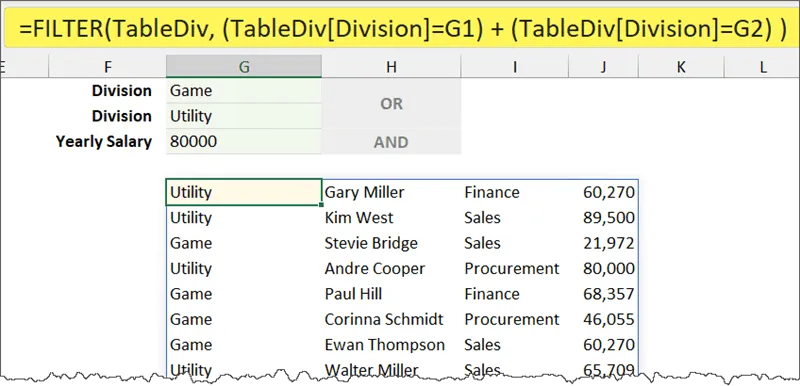 Fragment of an Excel worksheet with a data range filtered using the FILTER function based on criteria defined in cells above.