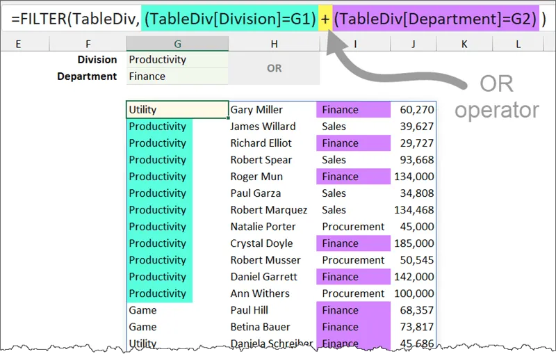 Fragment of an Excel worksheet with a data range filtered using the FILTER function based on multiple OR criteria defined in cells above. Cells matching the criteria highlighted. 