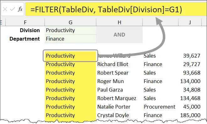 Fragment of an Excel worksheet with a data range filtered using the FILTER function based on condition defined in cell above.