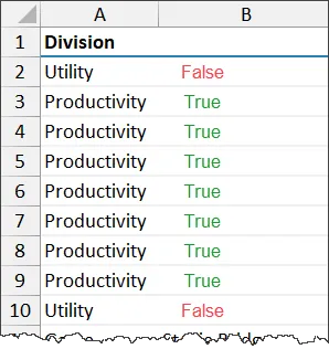 Fragment of an Excel worksheet with Divisions in column A and True/False in column B.