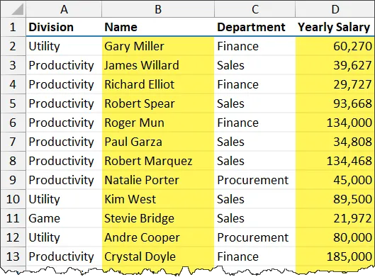 Fragment of an Excel worksheet with TableDiv which includes columns Utility, Name, Department and Yearly Salary. Values in Name and Yearly Salary columns highlighted.