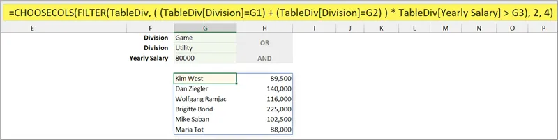 Fragment of an Excel worksheet with a data range filtered using the FILTER function based on criteria defined in cells above. Only 2 columns of the filtered range returned. 