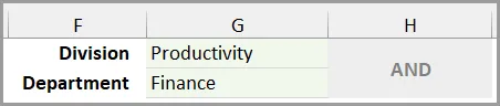 Fragment of an Excel worksheet with the conditions for the filter: Division: Productivity (cell G1); Department: Finance (cell G2). Condition type - AND. 