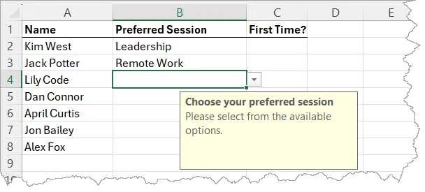 Fragment of an Excel spreadsheet with an input message tooltip for a drop-down cell.