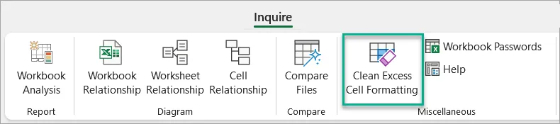 Inquire menu with Clean Excess Cell Formatting highlighted.