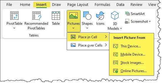 Insert image in cell tab ribbon control