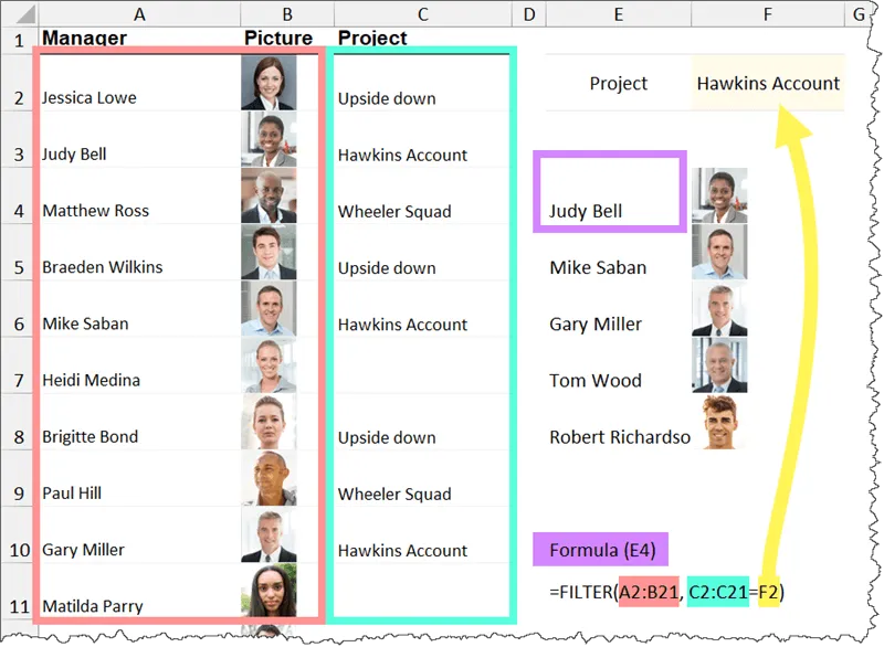 Using FILTER function to return multiple images from an Excel table