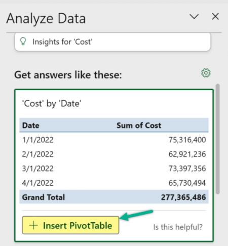 Analyze Data pane in Excel with an arrow pointing to the highlighted button "Insert PivotTable".