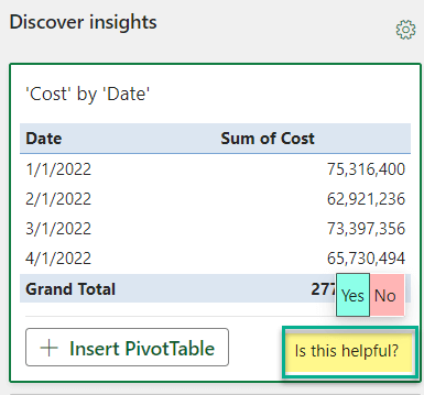 Preview of a pivot table with the text "Is this helpful?" in the bottom right corner and "Yes" and "No" highlighted above the question.