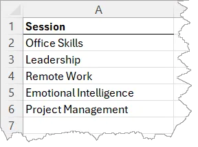 Fragment of an Excel spreadsheet with a list of training sessions.