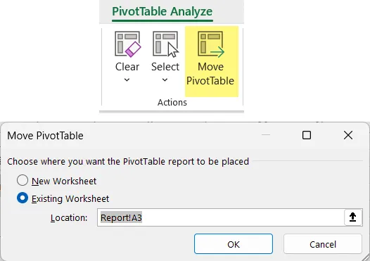 Location of Move PivotTable feature on the PivotTable Analyze tab and Move PivotTable dialog box.