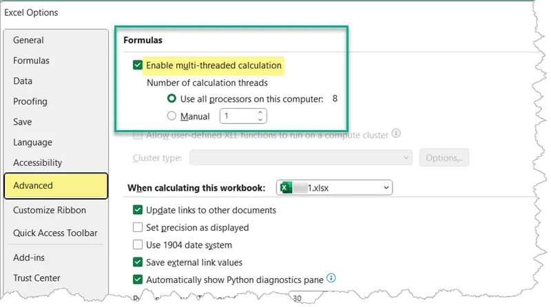 Excel Options > Advanced, with Enable multi-threaded calculation highlighted.