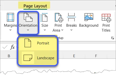 Excel Page Layout menu with the Orientation expanded to show Portrait and Landscape options.