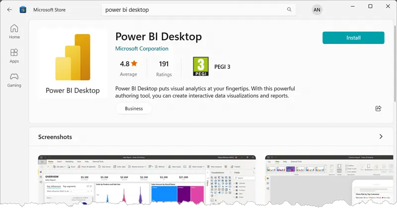 Fragment of the page for Power BI Desktop in the Microsoft Store with Install button visible.