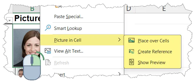 Fragment of an Excel spreadsheet, a mouse icon with right button highlighted over a picture of a person, partially covered by the context menu with "Picture in Cell" highlighted and expanded with the options: Place over Cells, Create Reference, Show Preview.