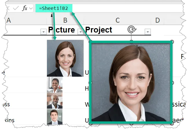 Fragment of an Excel spreadsheet, a smaller picture of a woman inside cell B2, and a larger picture over cells of the same woman with arrow pointing to the formula bar that contains a cell reference =Sheet1!B2.