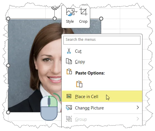 Fragment of an Excel spreadsheet, a mouse icon with right button highlighted over a picture of a person, partially covered by the context menu with "Place in Cell" highlighted.