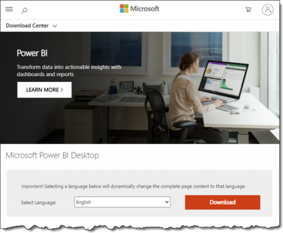 Fragment of the Power BI website with download button for Microsoft Power BI Desktop.