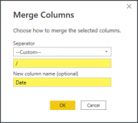 Merge Columns window in Power Query Editor with a custom separator (forward slash) and new column name "Date".