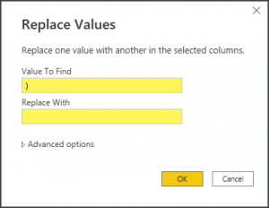 Replace Values window in Power Query Editor, where "Value to Find" is populated with ")" (closing parenthesis), and "Replace With" left empty.