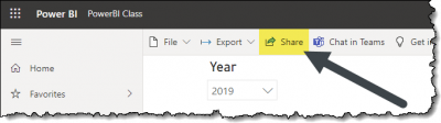 Pointing to a Share button in Power BI Service.