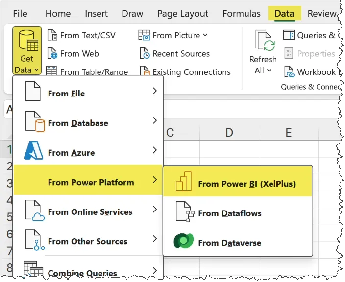 Excel menu to get data from Power BI