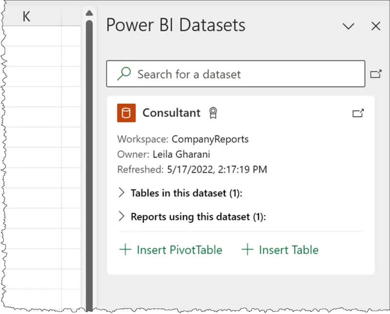 Power BI Datasets pane in Excel