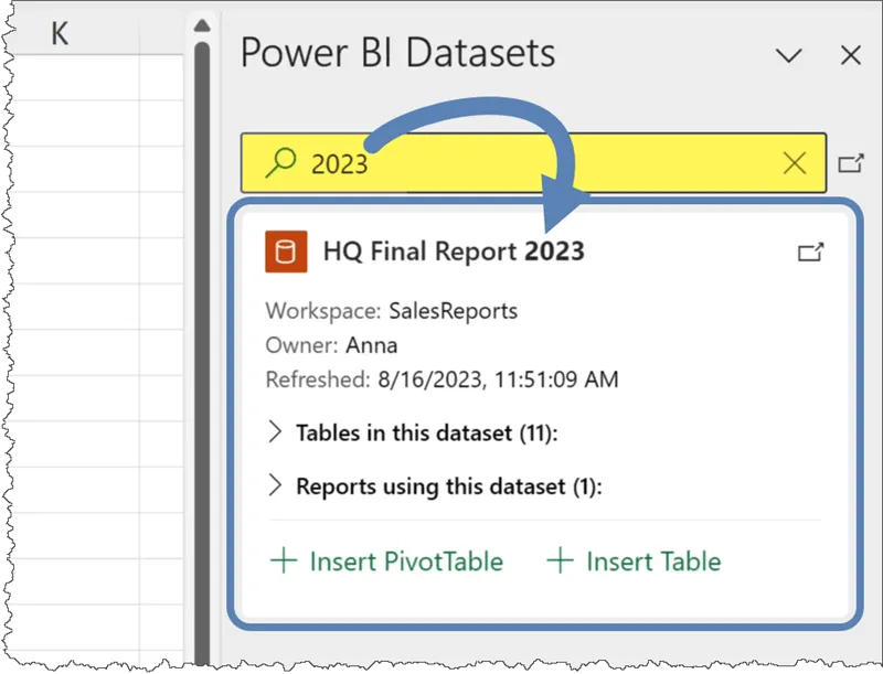 Power BI report discovered in Excel via search bar on the Power BI Datasets pane