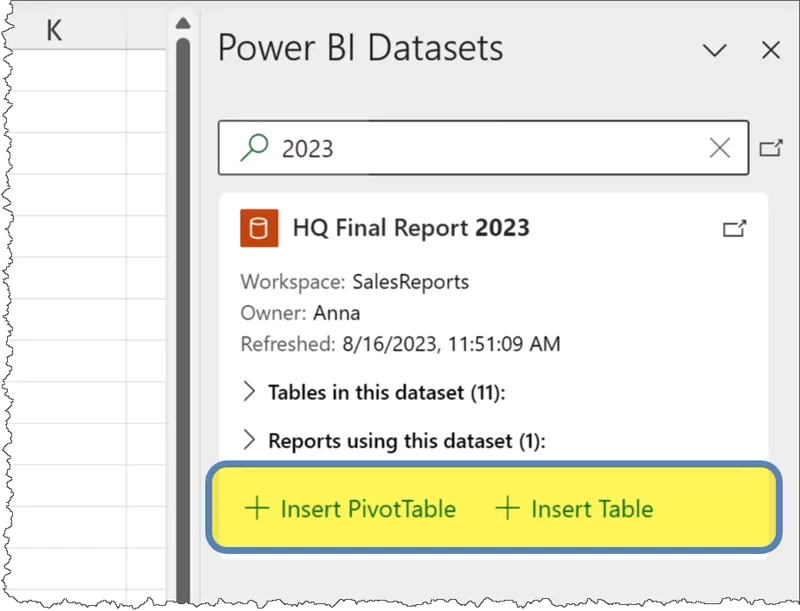 Insert Pivot Table and Insert Table options in the Power BI datasets pane in Excel.