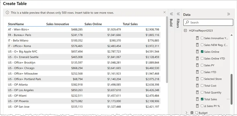 Preview of selected Power BI columns to insert as Excel table