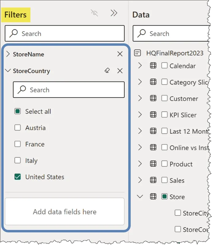 Filters panel on the Create Table interface when importing data to Excel via Power BI connector