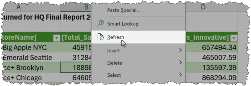 Refresh data in Excel using a right-click method