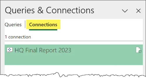 Excel list of external data connections on the Queries & Connections pane