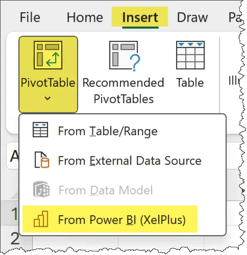 PivotTable from Power BI option in the Insert ribbon in the Excel menu