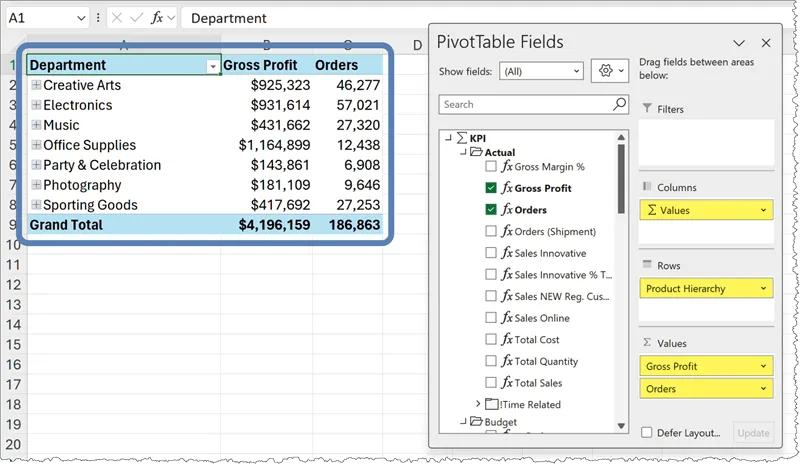 Finished Pivot Table in Excel with PivotTable fields to the right