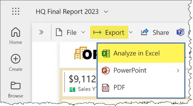 Export feature in Power BI Service with Analyze in Excel highlighted.